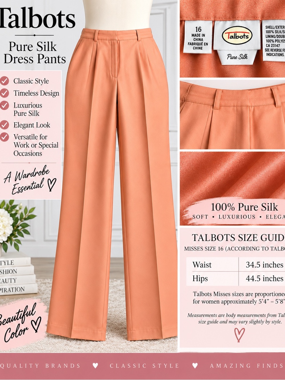Talbots Pure Silk Coral Peach Wide Leg Dress Pants Size 16 Elegant Classic